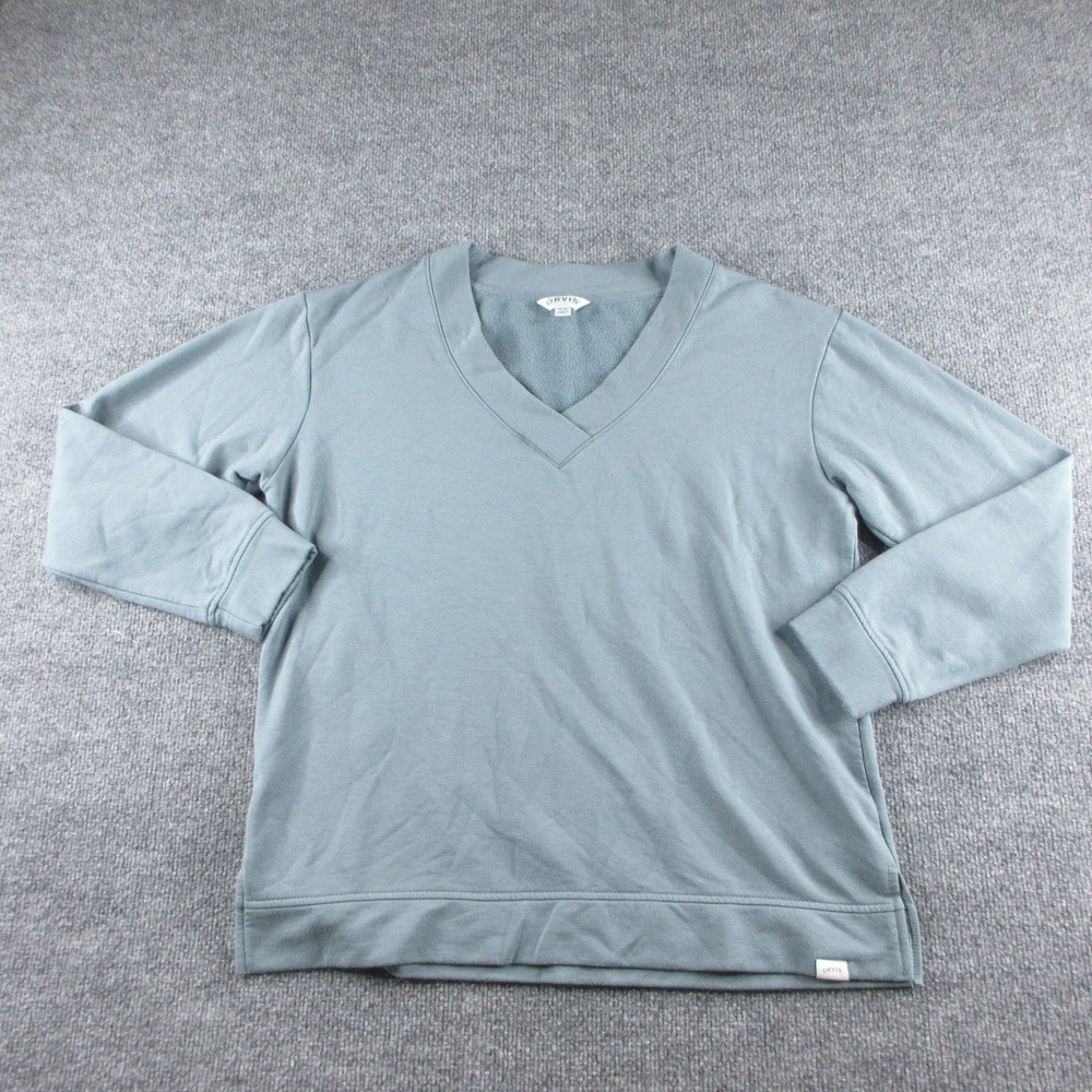 Orvis Shirt Womens M Blue V Neck Long Sleeve Fleece Pullover Stretch Tee